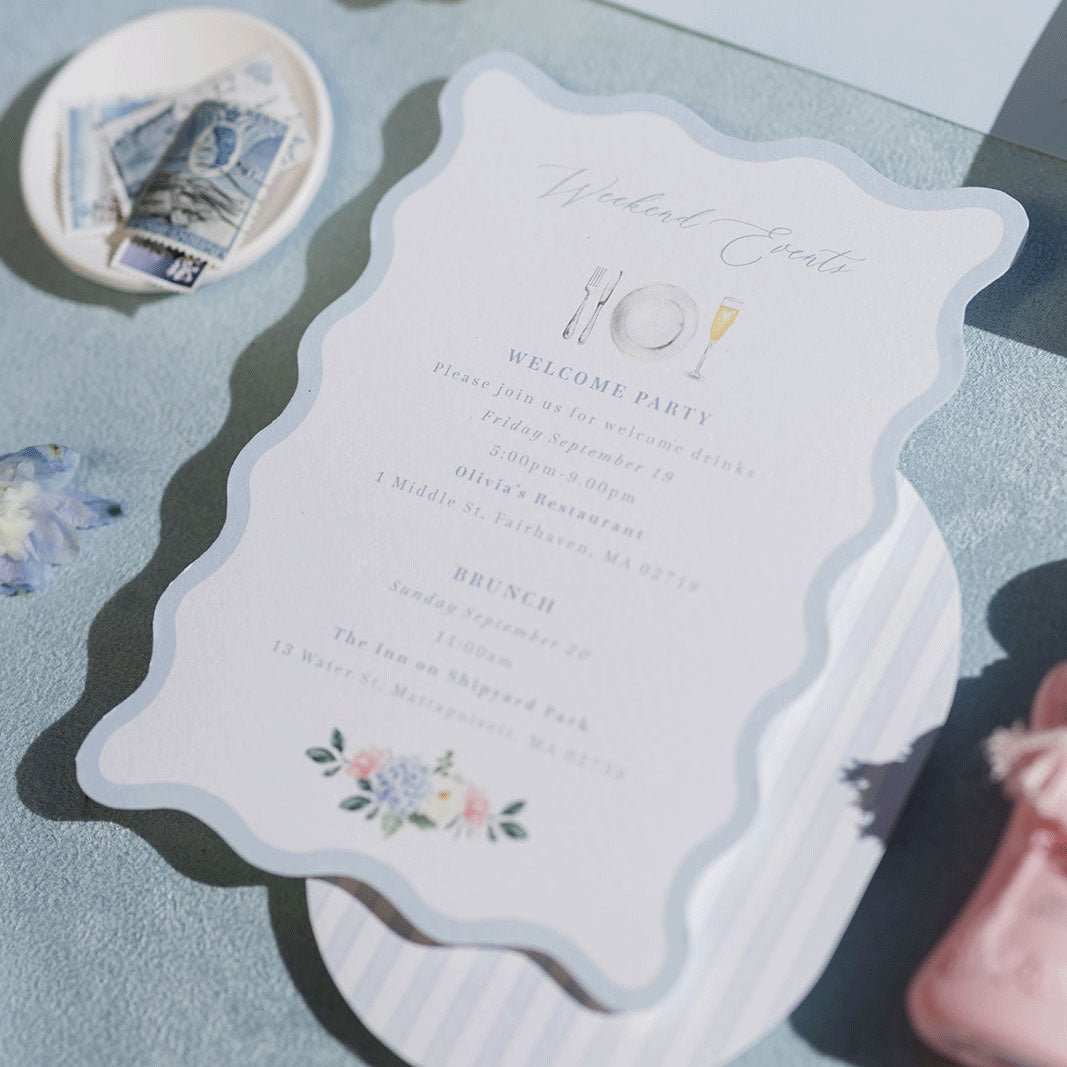 Wavy shaped wedding invitation details card powder blue with blue and pink florals